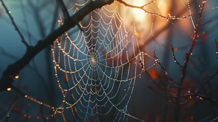Wall Mural - Beautiful little delicate water drops on a spider web in close-up on a foggy day