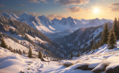 Wall Mural - snowy mountains at sunset. beautiful winter landscape.