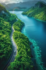 Wall Mural - Aerial View of a Winding Road Alongside a Turquoise Bay