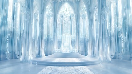 Ethereal ice palace with crystalline columns and delicate arches, bathed in cool blue light, creating a fantasy winter wonderland atmosphere.