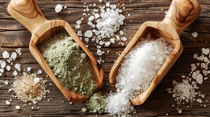 
Two wooden scoops placed on a rustic wooden surface. The scoop on the left contains a coarse, greenish powder, possibly a herb or spice, while the one on the right holds white crystalline salt