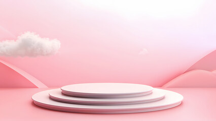  Background podium pink 3d product sky platform display cloud pastel scene render stand. Pink podium stage minimal abstract background beauty dreamy space studio pedestal smoke showcase geometric whit