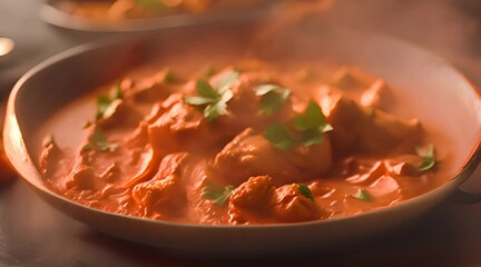 Wall Mural - A dish of butter chicken is served at the table with hot steam swirling