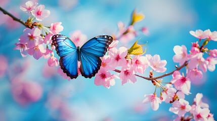 Poster - blossoming sakura branch of blossoming sakura and bright blue morpho butterfly against blue sky copy space : Generative AI