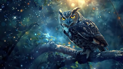 Wall Mural - Moon light, owl in fantasy enchanted fairy tale spruce forest