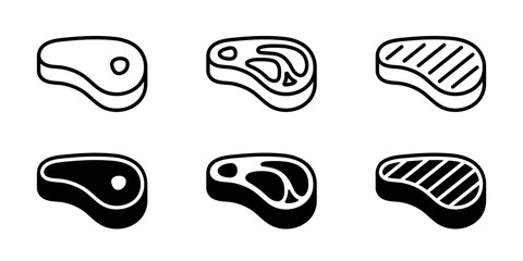 Meat icon set. Beef vector illustration. Steak symbol. BBQ sign. Raw meat pictogram. Grilled steak icon.