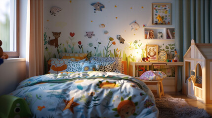 Wall Mural - A cozy children's room with a white wall decorated with animal stickers, a small bed with a themed duvet cover, and a play corner with a dollhouse.