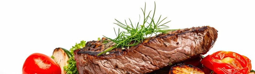 Wall Mural - Grilled beef with vegetables and herbs on a white background. Promotional photo.