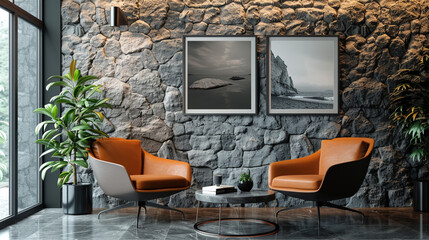 Wall Mural - A modern lounge featuring leather armchairs, a stone-textured wallpaper, and sleek mockup posters with minimalist designs.