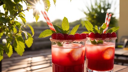 Raspberry lemonade in glasses with fresh berries and mint leaves