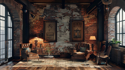 Wall Mural - A rustic lounge featuring brick-textured wallpaper, comfortable armchairs, and vintage-style mockup posters.