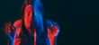 © golubovy - Bipolar disorder. Blur neon. Disturbed woman silhouette stress mental problems hand barrier blue red light double exposure empty space out of focus.