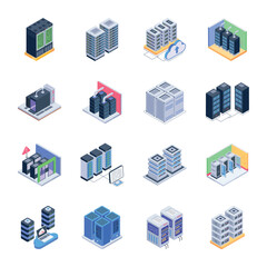 Sticker - Bundle of Hosting Servers Isometric Icons

