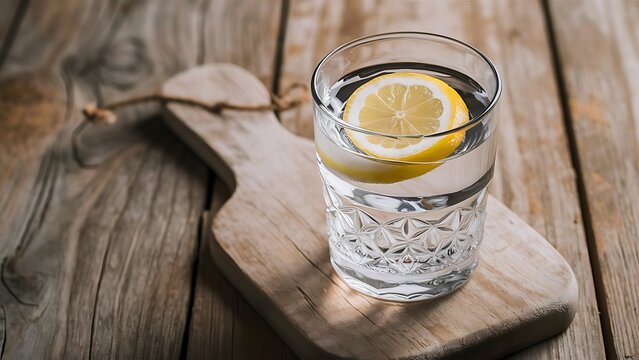 Glass of water with lemon on wooden background