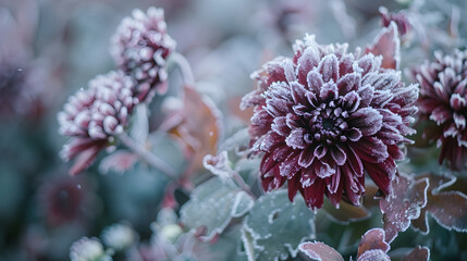 Aufkleber - First autumn frost Bush with burgundy blooming chrysanthemum covered with white frost Morning frost green frozen plant leaves Onset of winter nature falls asleep Blurred background ima : Generative AI