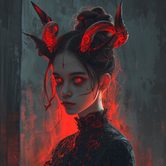 Wall Mural - A demon girl with red glowing horns and eyes