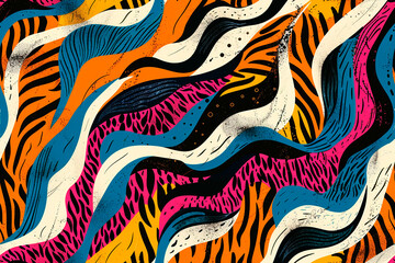 Dynamic and abstract pattern with wavy lines and animal prints in vibrant colors like orange, blue, and pink, creating a bold and energetic seamless design.