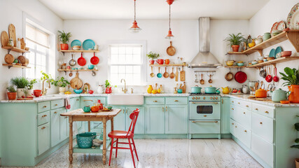 Bright kitchen in light green color in eclectic style. Unique kitchen utensils in the personal style of the home owner.