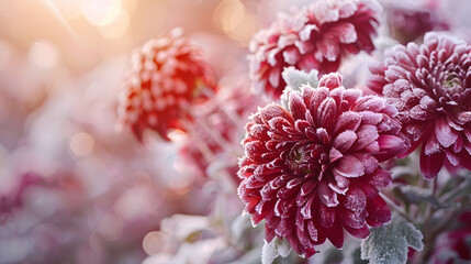 Aufkleber - First autumn frost Bush with burgundy blooming chrysanthemum covered with white frost Morning frost green frozen plant leaves Onset of winter nature falls asleep Blurred background ima : Generative AI