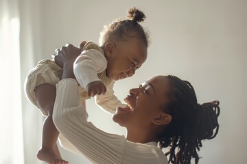 African mother with braided hair lifting her laughing baby in the air, both smiling, minimalistic background, bright indoor light