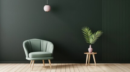 A stylish living room featuring black furniture and decor, designed in a minimalist style with plenty of copy space for customization. The dark tones add a touch of luxury and refinement.