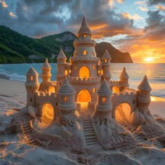 Sandcastles of Change, Show a transgender character building sandcastles from reused materials on a beach at sunset. Art Deco, flashy color