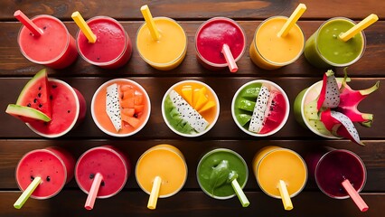 Rainbow from smoothies watermelon papaya mango spinach and dragon fruit smoothies juices beverages drinks variety with fresh fruits on a wooden table