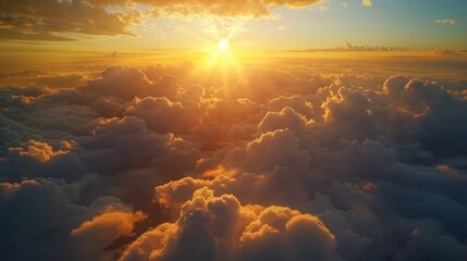 Illustration of sunset over clouds, sunlight background. Ai generated image