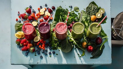 Healthy fresh fruit and veggie smoothies with ingredients on light blue concrete table