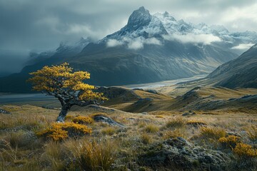 Wall Mural - Lone Tree Against Majestic Mountain Landscape