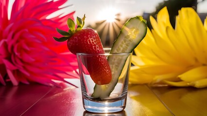 strawberry and cucumber in glass on the pink and yellow background