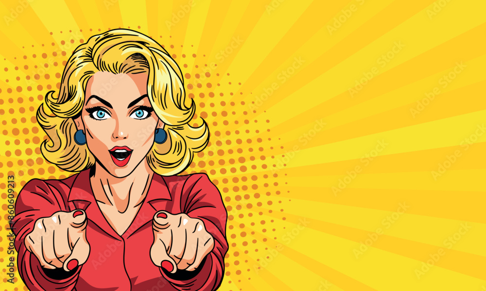 Young woman in pop art style smiles and points her finger at you. On a ...