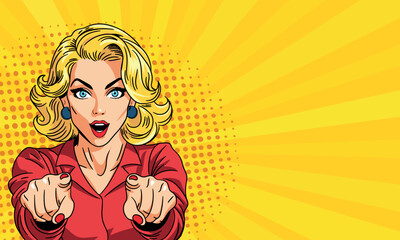 
Young woman in pop art style smiles and points her finger at you. On a yellow background. Pop art in vector comic style