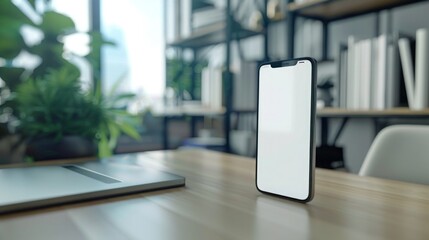 Smartphone mockup with blank screen on white table. 3D rendering