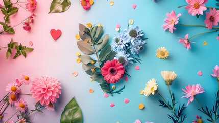 Wall Mural - Creative layout with colorful flowers leaves and heart shape Anniversary conceptFlat lay : Generative AI