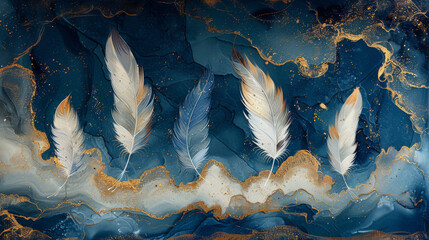 Wall Mural - panel wall art, wall decoration, marble background with feather designs