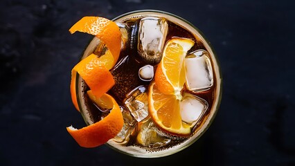 Summer alcoholic cocktail with bitter sparkling wine soda orange and ice dark background top view