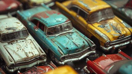 Wall Mural - Vintage Metal Toy Cars in Photorealistic Style with Muted Colors under Natural Light - Close-up Shot of Collectible Miniatures