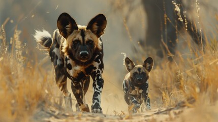 two african wild dogs run eagerly through the savannah, their synchronized motions and focused expre