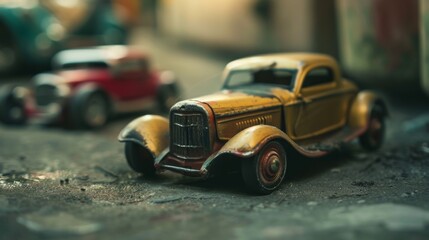 Wall Mural - Nostalgic Vintage Metal Toy Cars in Muted Tones Under Soft Natural Light - Close-Up Shot of Classic Collectible Miniatures