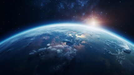 Wall Mural - A mesmerizing view of Earth's hemisphere at dawn with a luminous horizon, depicting the vast expanse of space, conveying the beauty of our planet and infinite cosmic possibilities.