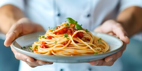 Wall Mural - Italian Cuisine Chef's Hands Holding Plate of Spaghetti with Tomato Sauce. Concept Food Photography, Italian Cuisine, Spaghetti, Chef's Hands, Tomato Sauce
