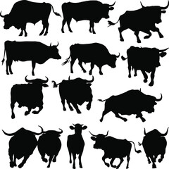 Poster - fourteen cows and bulls silhouettes isolated on white