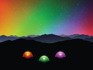 Sticker - Colorful tents at night. Camping in mountains. Rainbow aurora borealis
