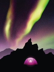 Sticker - Purple tent on meadow under rock. Camp at starry night. Polar lights