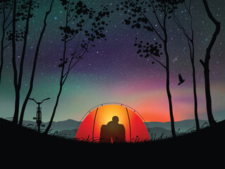 Sticker - Couple sit in orange tent. Camping in mountains under night starry sky