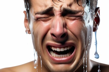 Wall Mural - Heartbroken football fan in isolation, shedding tears of sadness on a white background