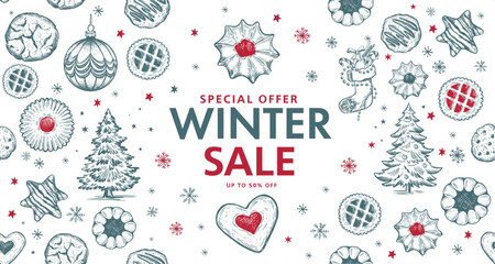 Wall Mural - Winter sale, Christmas Cookie and ball set, Hand drawn illustration.	
