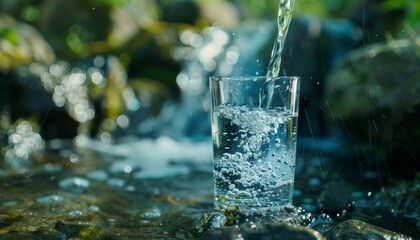 Wall Mural - High quality image of natural spring mineral water poured into glass, showcasing pure drinking water