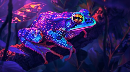 A vibrant, brightly colored frog sitting among jungle plants under neon light, creating an extraordinary depiction of nature's beauty and the whimsical charm of rainforest life.